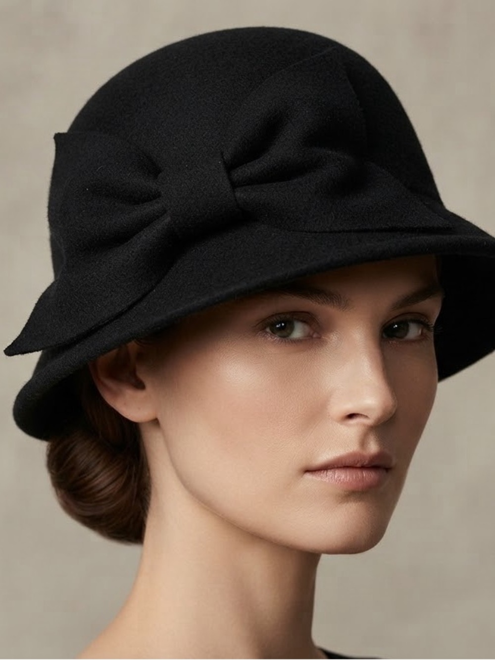 Wool Cloche Hat with Side Bow in Black